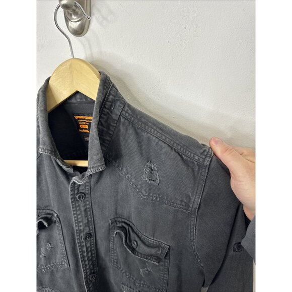 SuperDry Commodity Edition 40Cm Large Black Denim Distressed Button Shirt - Picture 3 of 10